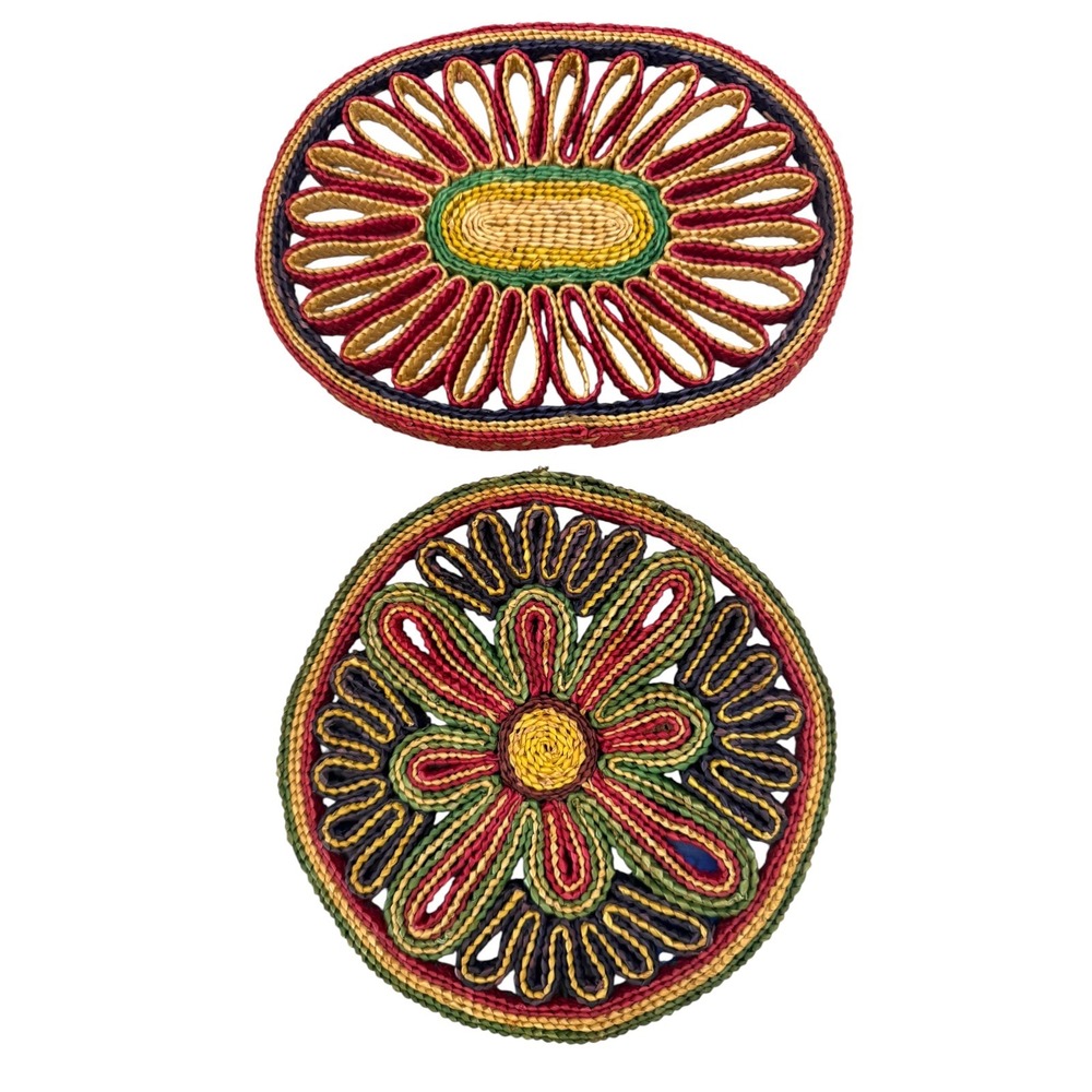 Vintage Woven Straw Trivet Set Multi Color Boho Floral Sunburst 2 Piece Kitchen